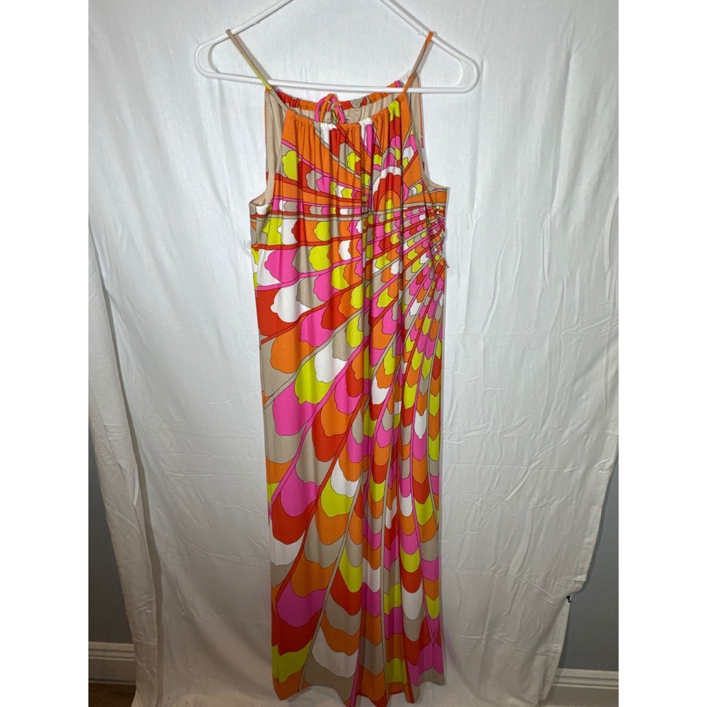 Trina Turk Bennnie Maxi Dress Orange Pink Yellow Geometric Print Halter Tie Neck